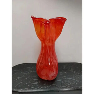 Vintage Lefton Amberina Orange Red handkerchief Ruffled edge Vase Art Glass